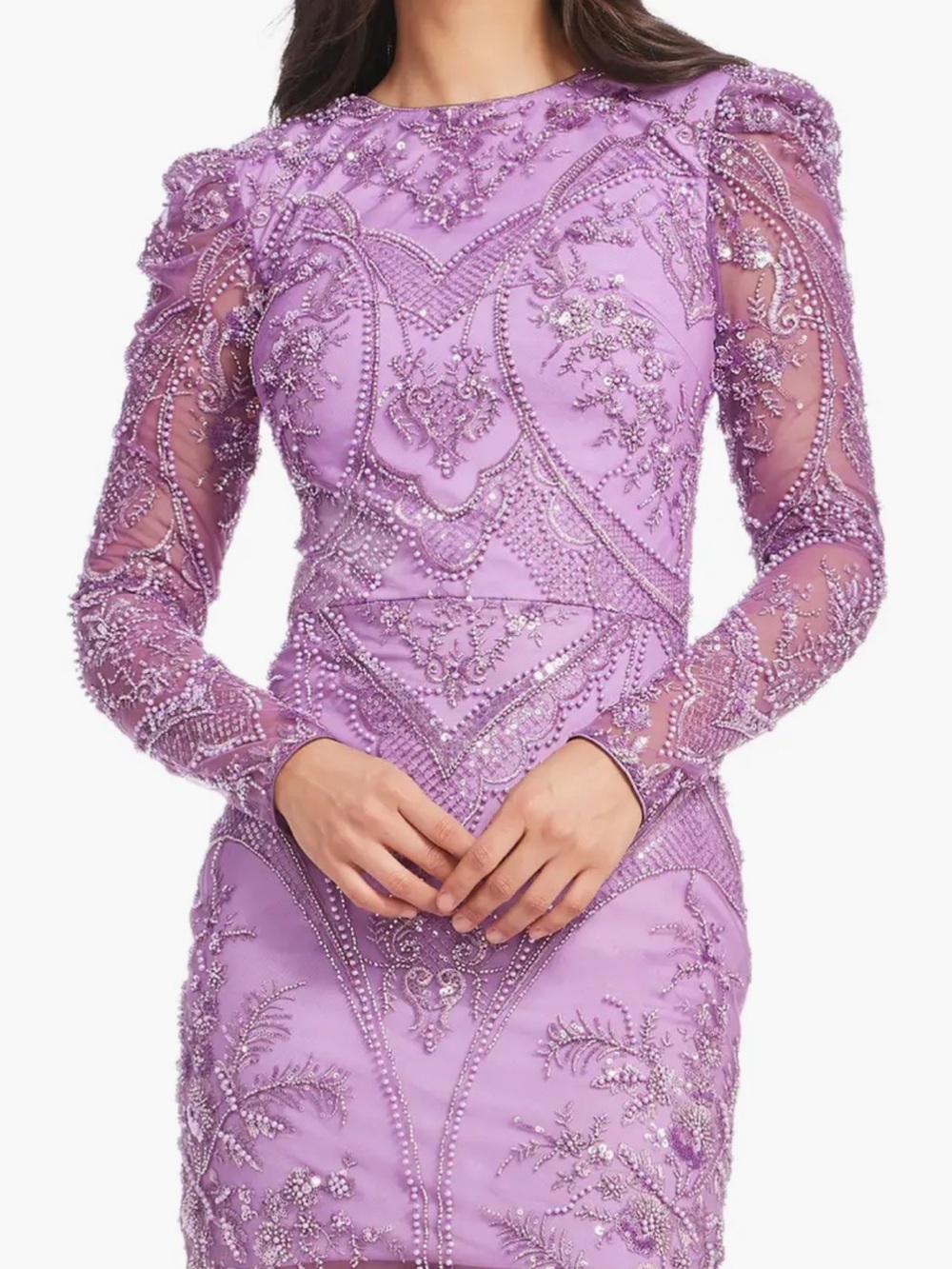 NWT Dress the Population Lavender Beaded Sheer-Sleeve Evening Dress sz L